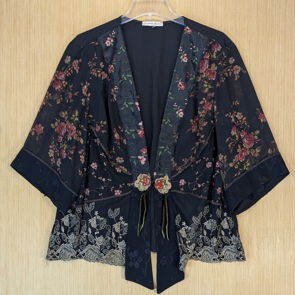 Spencer Alexis Women Black Floral Lace Embroidered Kimono Jacket XL Boho Artsy